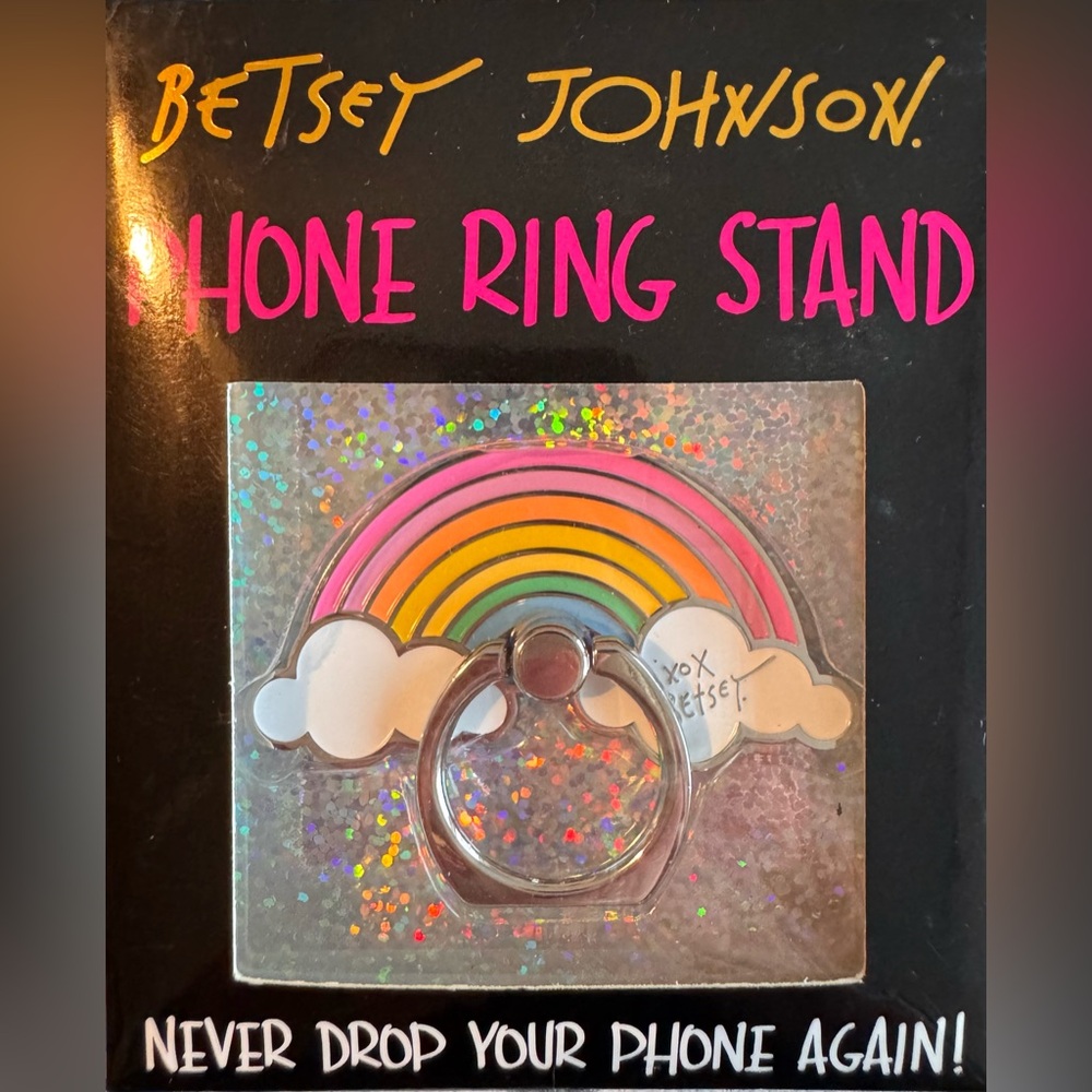Rare Betsy Johnson “Rainbow & Clouds” ring phone holder. NWT.